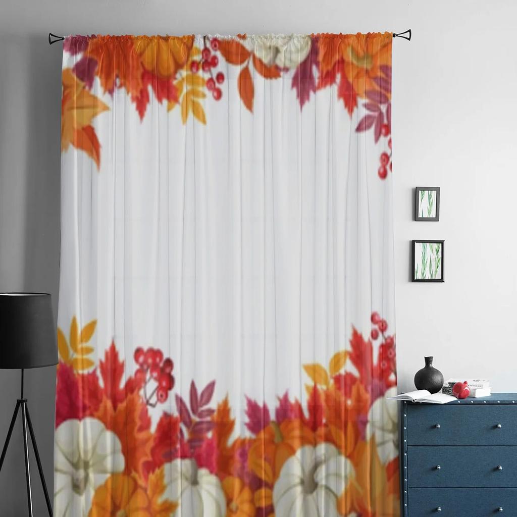 Pumpkins And Colorful Autumn Leaves Sheer Curtains For Living Room Bedroom Kitchen Tulle Curtain Home Decorative Sheer Panels