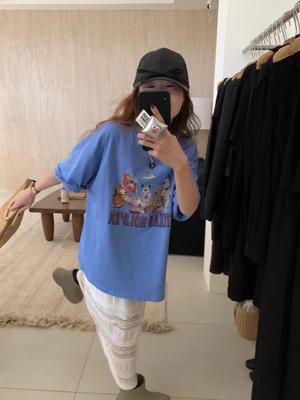 Korean Sle Summer Cartoon Dog Print Ort Sve Mid-Length T-irt Women's Cotton 00% Comfortable Casual Top