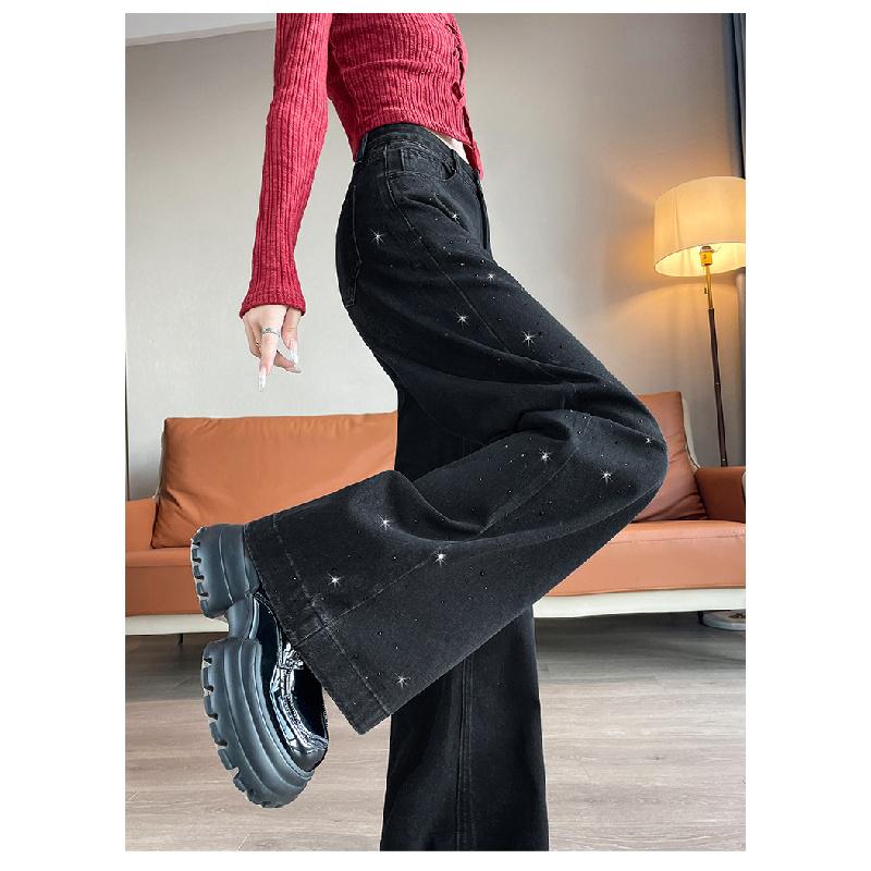 Women's Rhinestone Wide-Leg Jeans 2026 New High-Waisted Loose Design with Draped Straight Legs