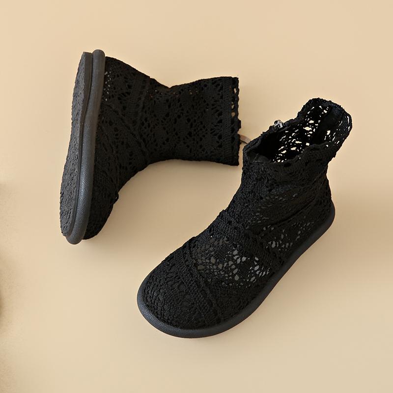 2025 Botas Huecas para Mujer Zapatos de Malla Transpirables Verano Tobillo Femenino Botas de Punto Planas Cremallera Punta Redonda Calzado Liso