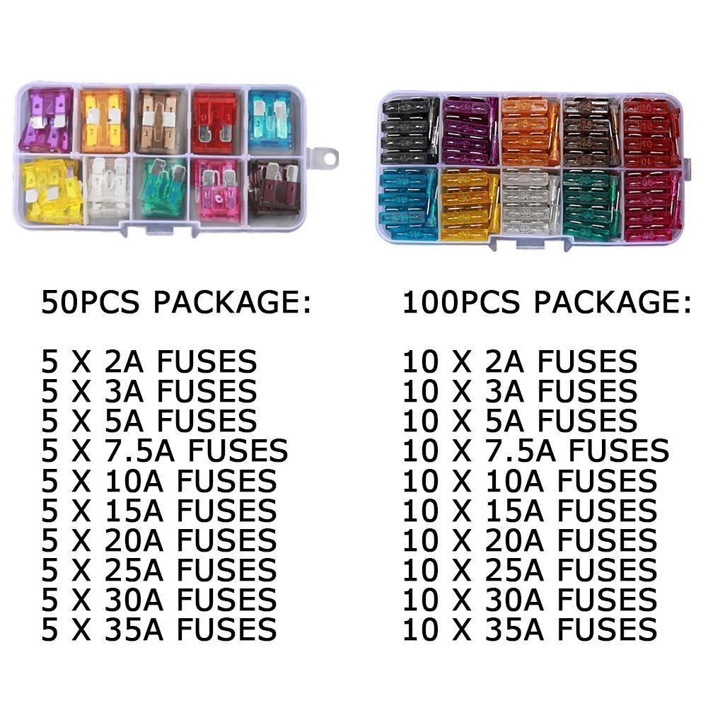 50/100pcs Automotive Fuses Fuses Automotive Fuses 2A/3A/5A/7.5A/10A/15A/20A/25A/30A/35A Amp Automotive Repair Tools Fuses4