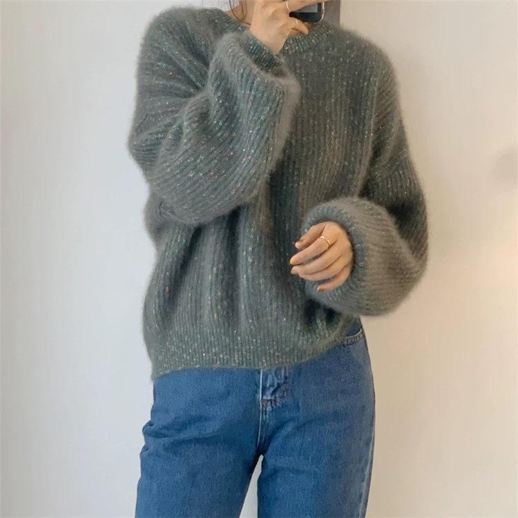 

Осенний бархатный золотой нитью круглый вырез сверкающий пуловер японский толстый свободный свитер с рукавами-пузырями для женщин one size(40-65kg) зелёный