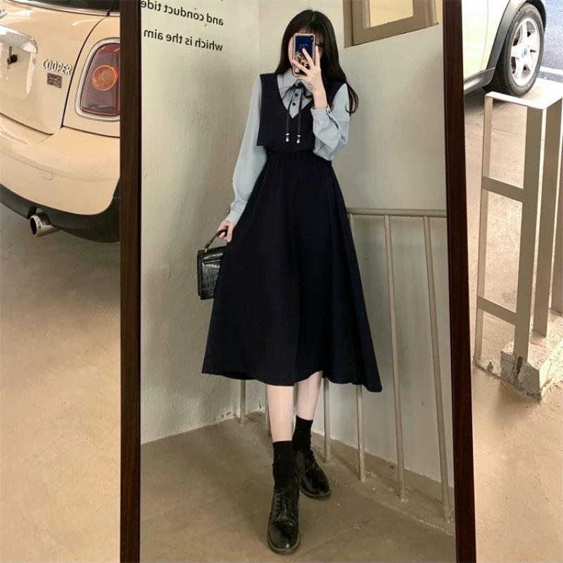 Large size women's fake two-piece dress women's autumn new retro design temperament slim dress