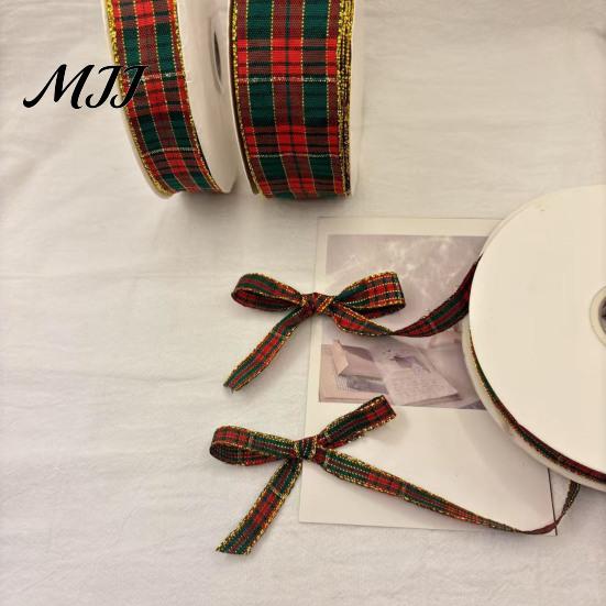 Wired Edge Ribbon for Holiday Decor Christmas Tartan Plaid with Gold Trim, Woven Fabric Ribbon, Vintage Red Crafts Green Gift Wrapping, Floral Decor,