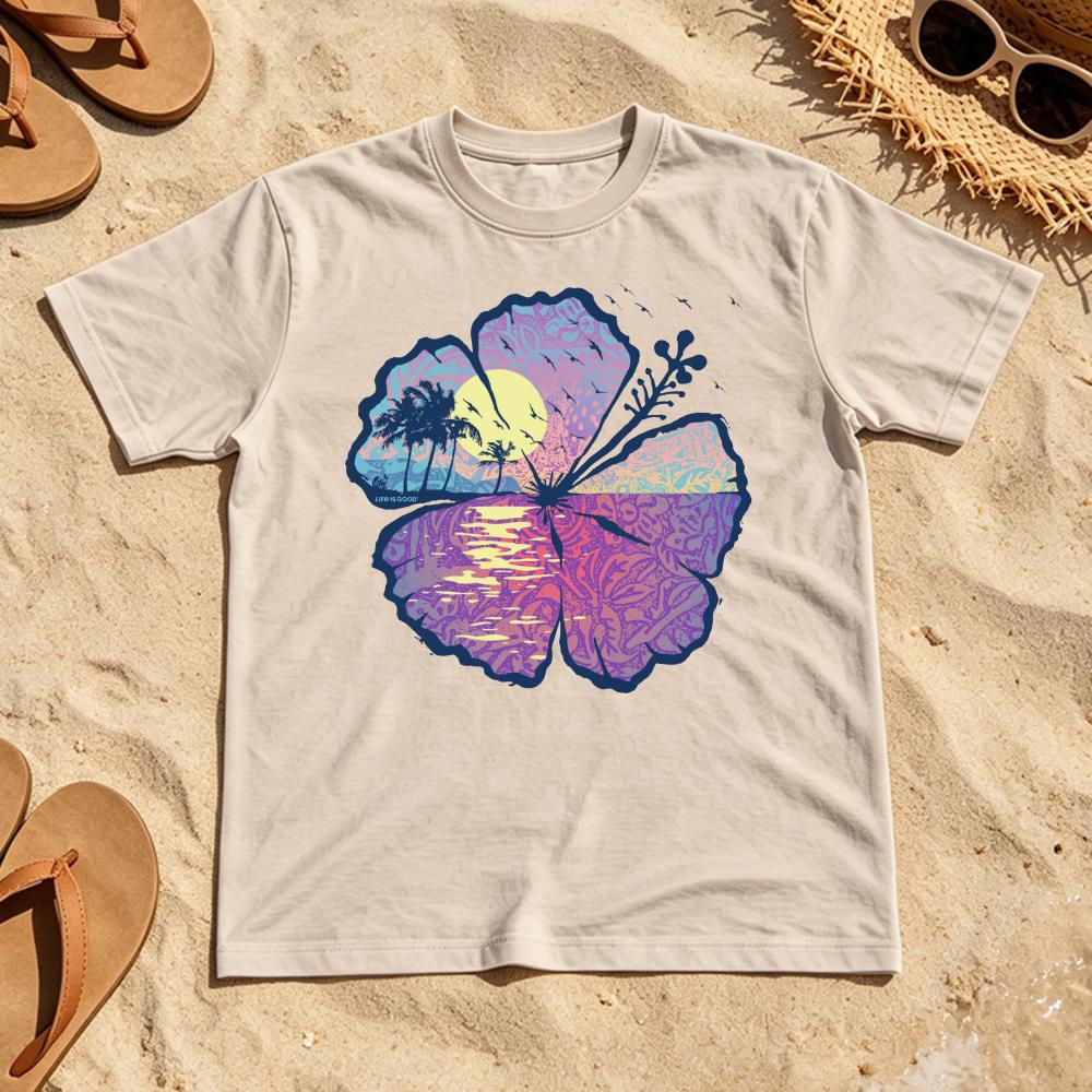Tropical Hibiscus Flower Palm Tree Sunset Beach Graphic Tees Short Sleeve Soft Cotton Boho Summer Vacation Casual Tops