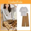 Girls Short Sleeve Long Pants Sleepwear Suit With Chest Padding Light Thin Fabric For Home And Sleep Comfort