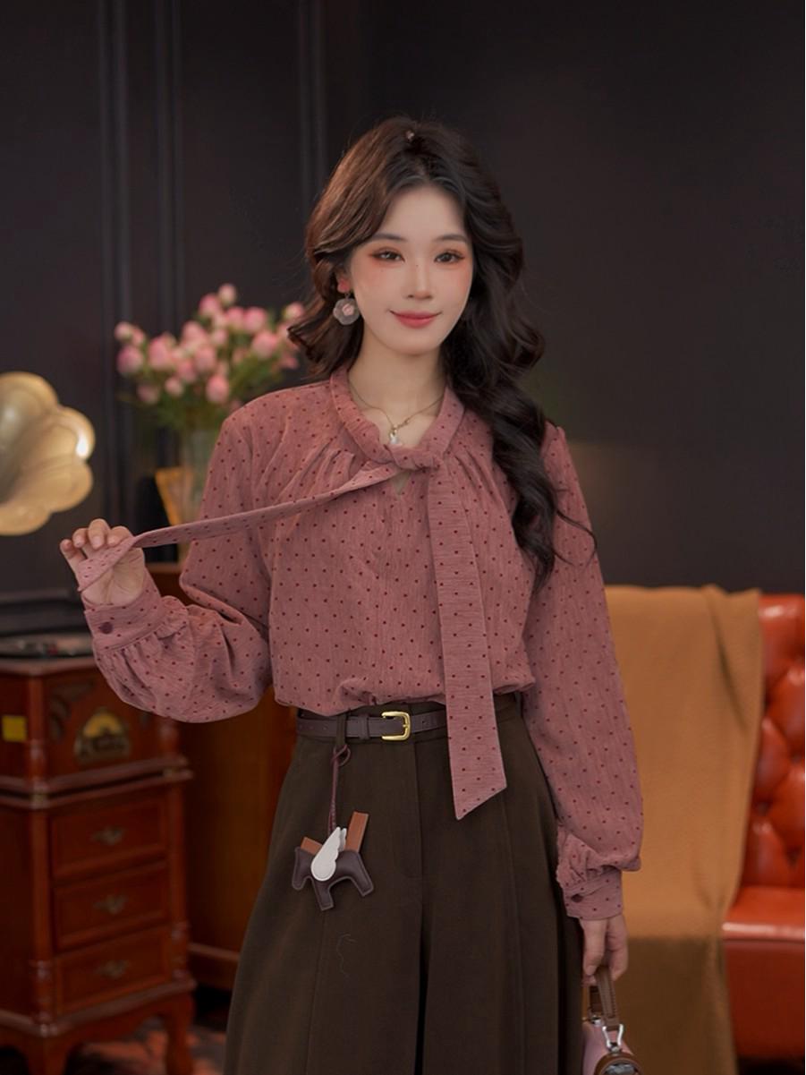Wan er Feng Tang Women s Slimming Retro Shirt - 25 Autumn/Winter Collection #Y14601 Large темно-розовый
