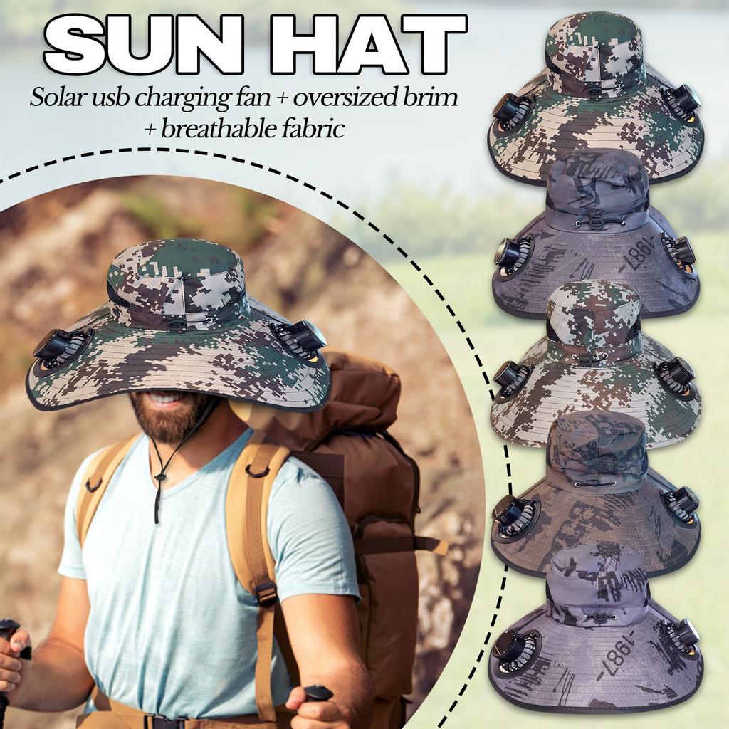 Outdoor Wide Brimmed Sun Hat With 2 Solar Fans, Sun Fisherman Hat For Men And Women, Fishing Beach Hat With Built-in Fan