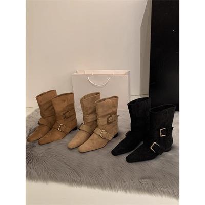 Retro Khaki Western Boots Suede Fur Early Autumn Foreign Style Fried Street British Style Wide Mouth Small Short Boots Women