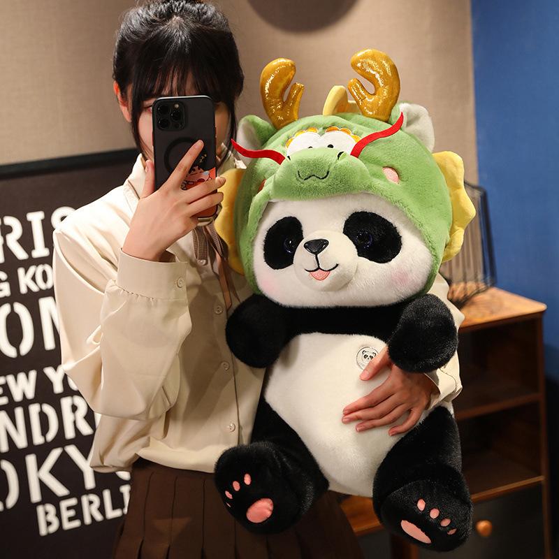 Sitting Panda Transforms Into Year of the Dragon Doll Plush Toy Sleeping Pillow Year of the Dragon Doll Mascot