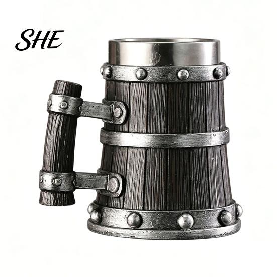 Food Grade Beer Mug Wood Barrel Mug, 600ml Stainless Steel Liner Stein, Durable Stein Rustic Tankard for Pub Home Bar Party Gift Vintage Style