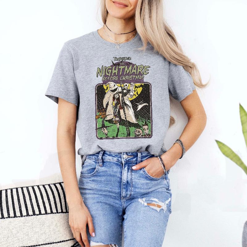 2026 New Nightmare Tim Burton Jack and Sally Graphic Print Womens TShirt Loose Autumn and Winter Oversize Short Sleeve