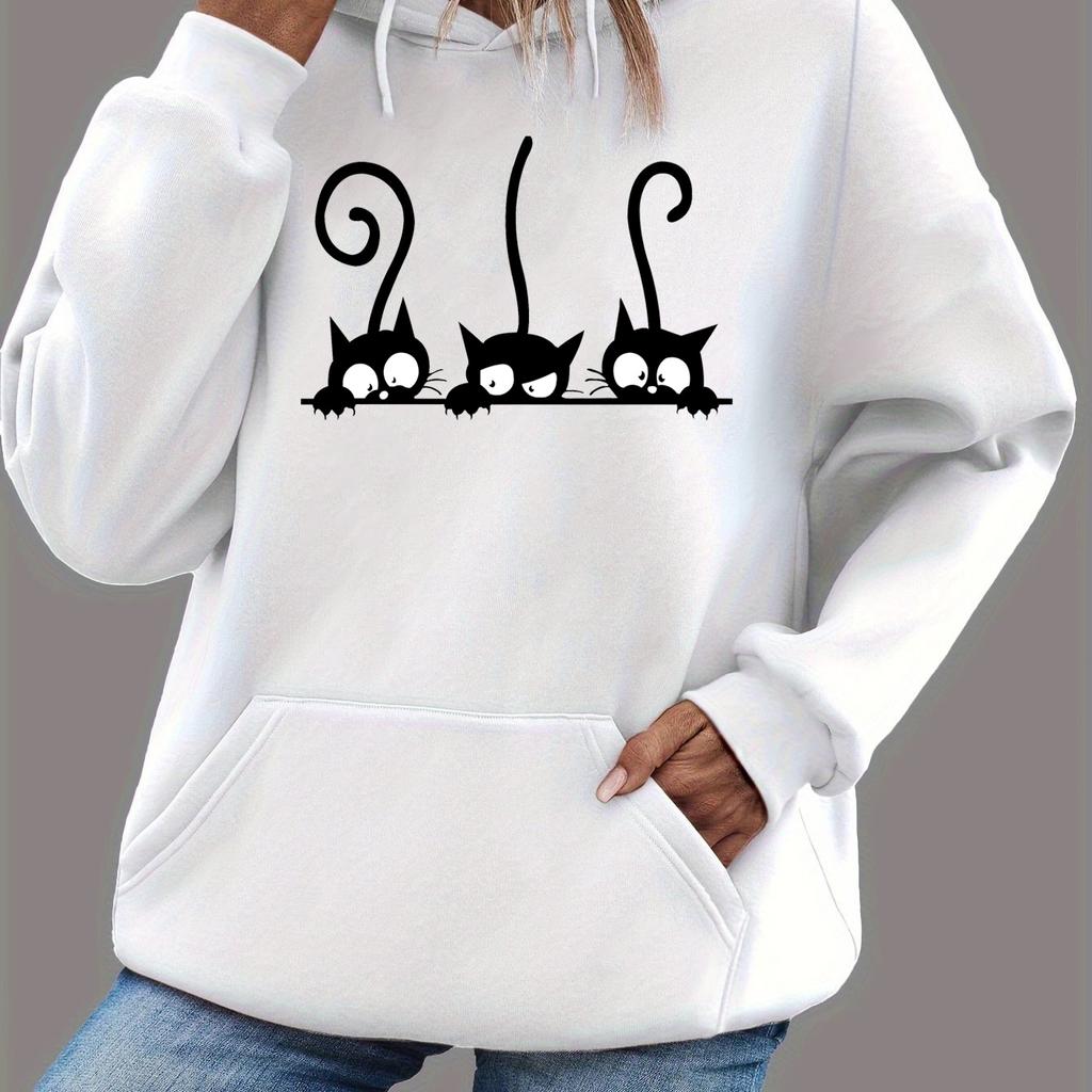 Women's Autumn and Winter Casual Loose Warm Personalized Cat Pattern Printed Suede Long Sleeved Hooded Sweatshirt