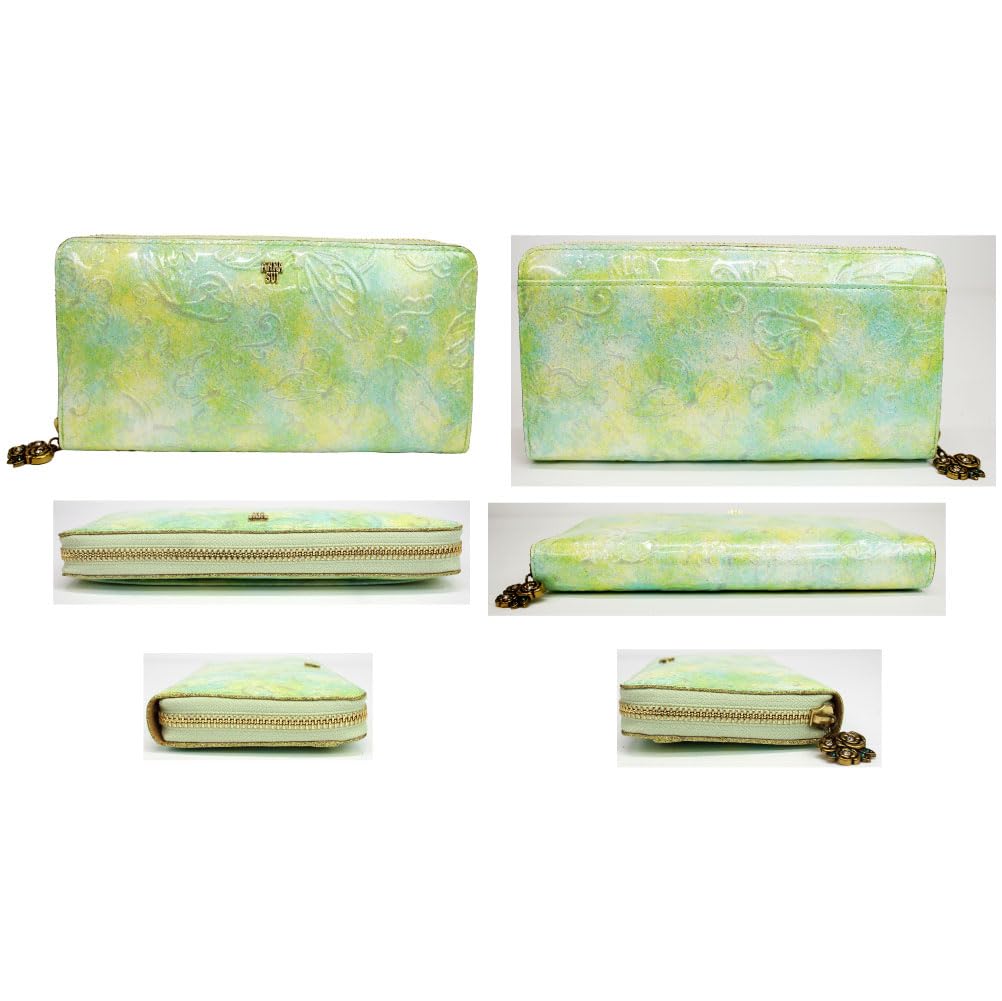 ANNA SUI Women's Long Wallet with Butterfly Design, Round Zipper, Antique Enamel Leather, Papillon Leather, Light Blue, 316891