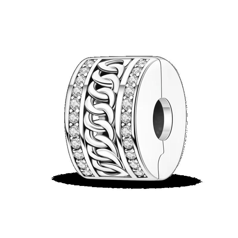 Silver Clasp 925 Silver CZ Pave Clip Charms Daisy Beads Stopper Safety Chain Fit Original Bangle Bracelet Jewelry Clip