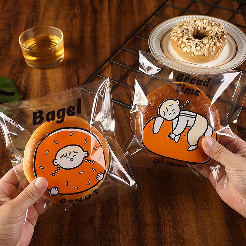 Cartoon Bread Storage Bags Self-Sealing Clear Plastic Packaging Bags For Sliced Bread Donuts Bagels Buns Resealable Bakery
