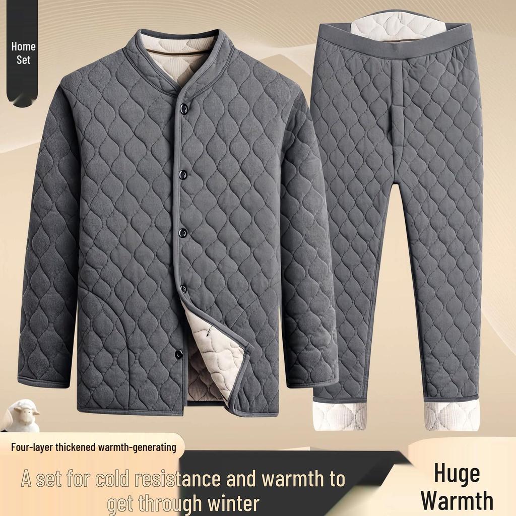 Men's Winter Plush Jacket & Pants Set - Thickened Cotton Outerwear for Middle-aged & Elderly Warmth