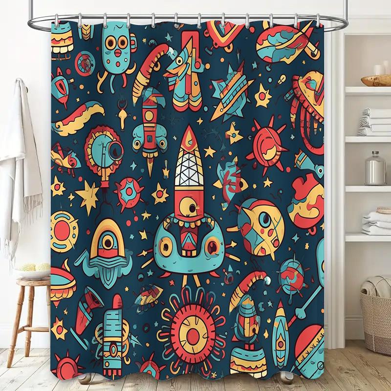 Colorful Space Ship Pattern Shower Curtain Bathroom Decorations for Children's Room 3D Printed Waterproof Home Textiles Modern A