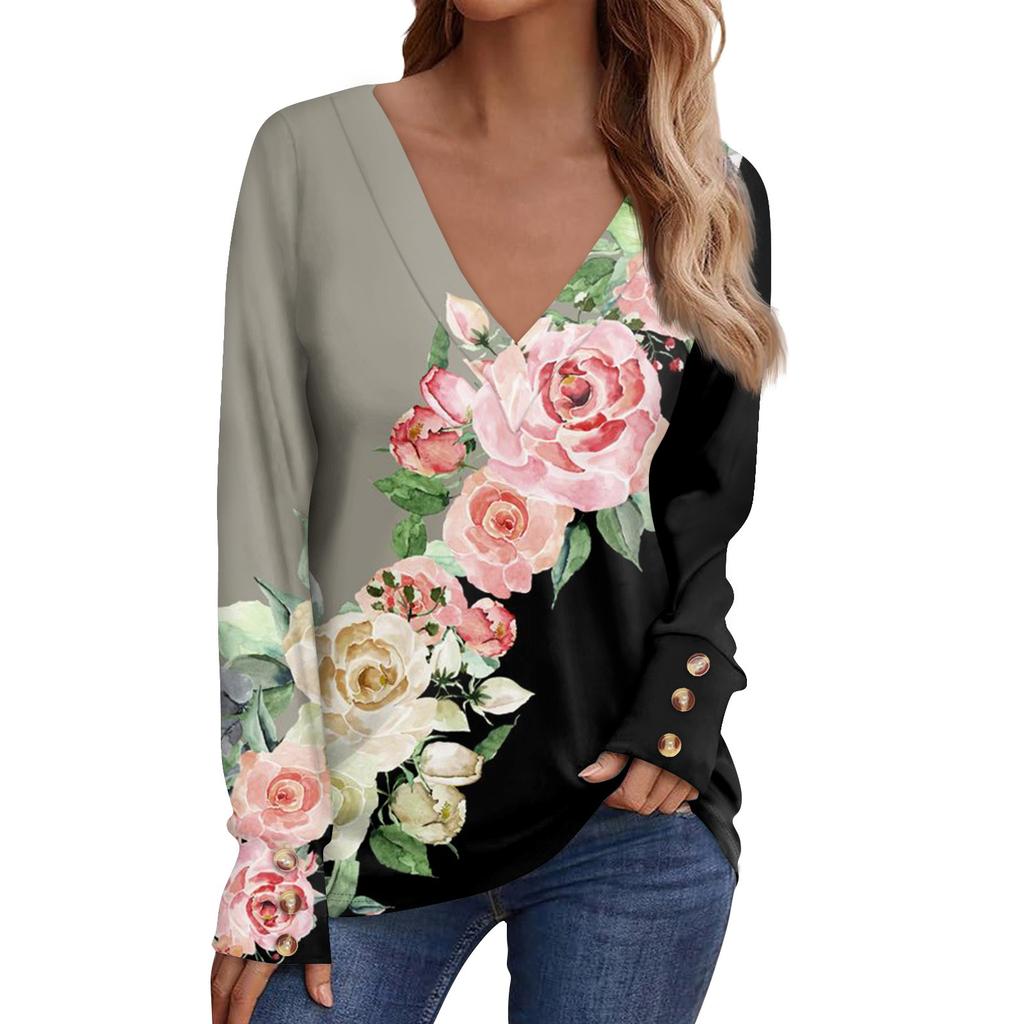 T-shirt Top a Manica Lunga da Donna Casual con Scollo a V, Stampa, Bottoni Decorativi, Top per Donna, Top e Bluse da Donna, Top Eleganti
