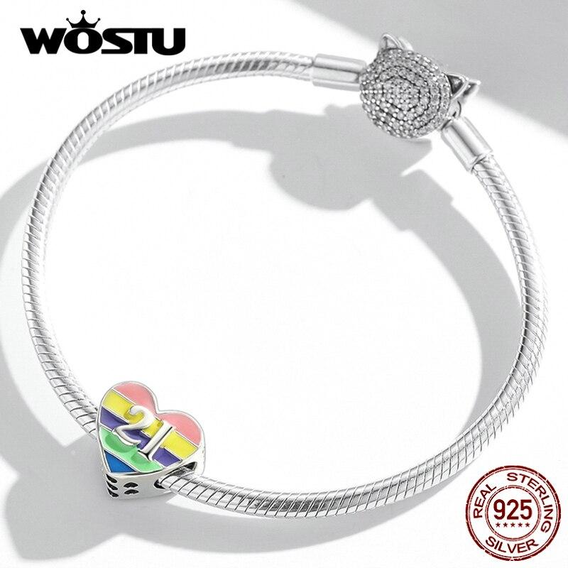 WOSTU 925 Sterling Silver Charm Rainbow Love Lettering 21 Bead Pendant Fit Original Bracelet Necklace For Women Jewelry
