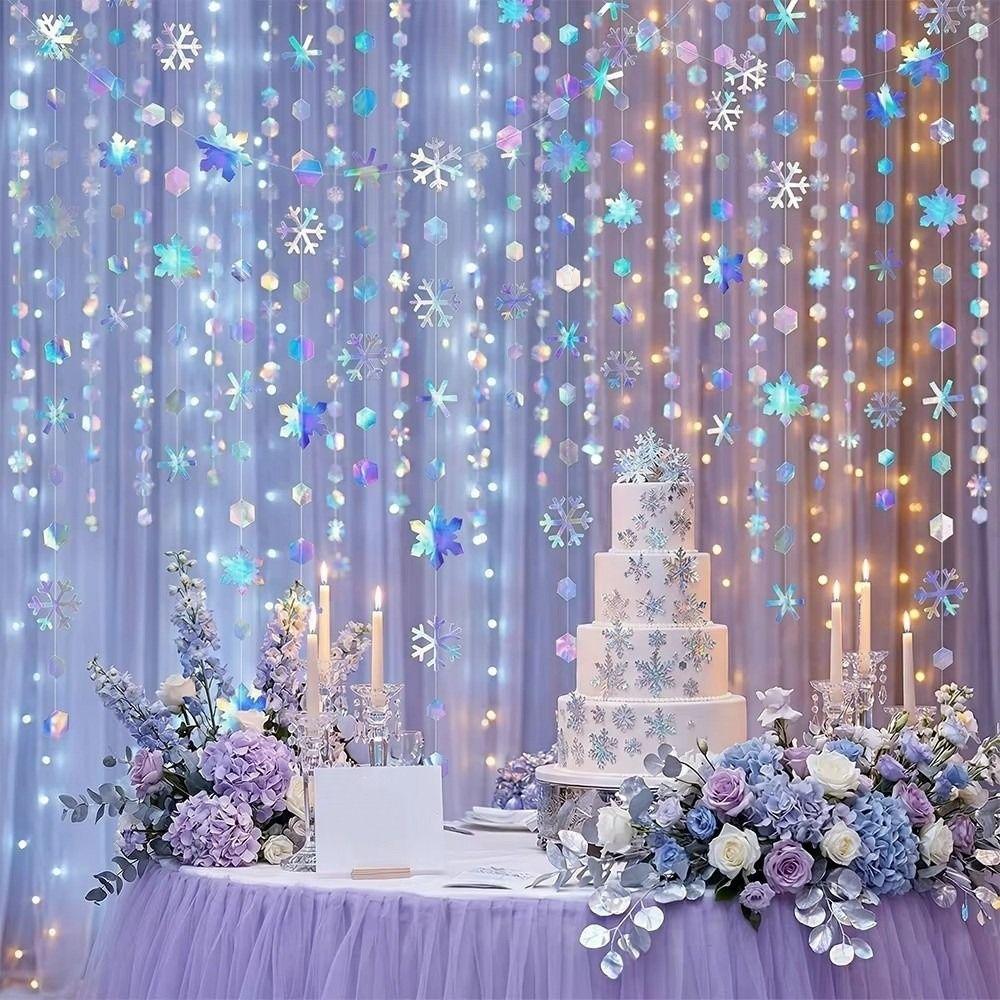 4m Paper Snowflake Streamer Romantic Glitter Christmas Hanging Streamer Reusable Elegant Christmas Snowflake String