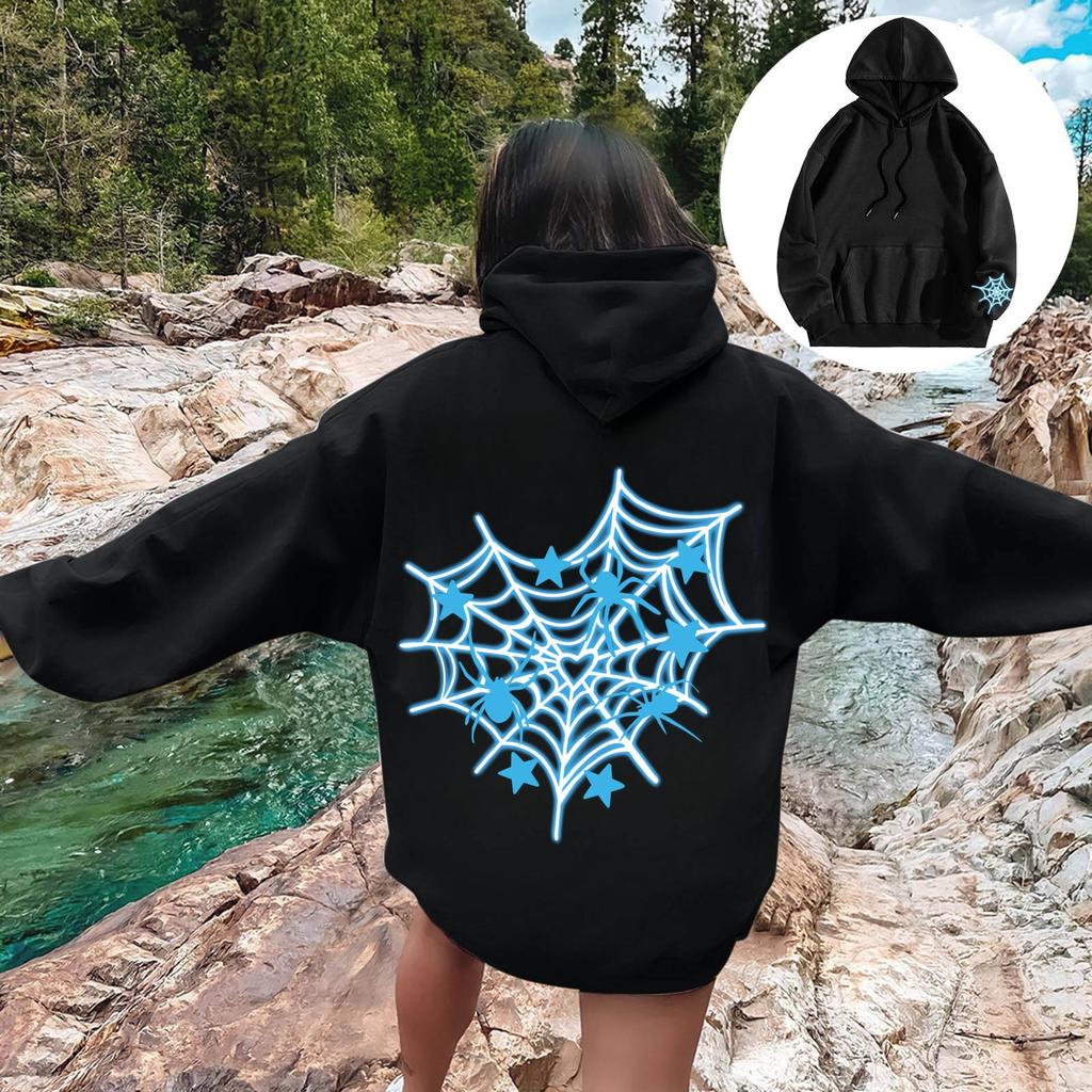 New Pink Blue Spider Web Printed Hoodie Hoodie Men's Women's Versatile Long Sleeve Comfortable Casual Warm Hoodies