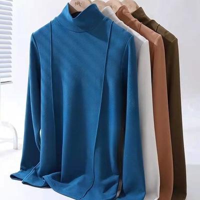 Women's Plus Size Fleece Base Shirt Solid Color High Neck Flocked Long Sleeve T-Shirt Loose Fit Stretch Pullover Top
