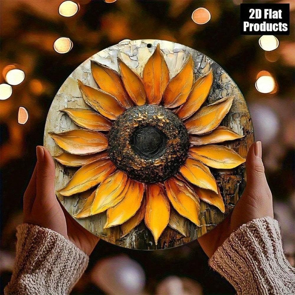 Vintage Round 8 Inch Sunflower Tin Sign Retro Metal Wall Art Home Decor Kitchen Plaque