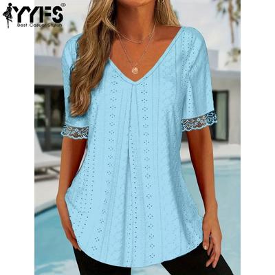 Damenmode, lässig, Sommer, Frühling, einfarbig, bedruckt, kurzärmelig, V-Ausschnitt, Blusen und Hemden