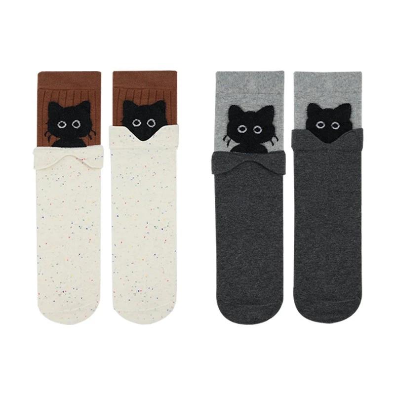 2026 Korean Cute Cartoon Kitten Mid-tube Socks Women's Autumn Winter Warm Stacking Socks Kawaii Cat Print Cotton Soft Long Sock