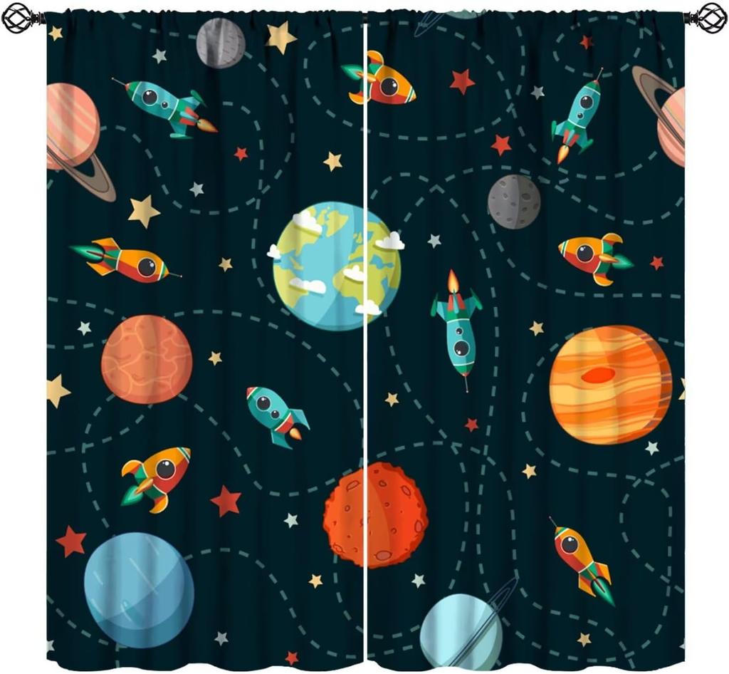 Outer Space Curtains Cartoon Astronaut Rocket Planets Stars Spaceman Universe Galaxy Print Window Kids Boys Made Of Polyester
