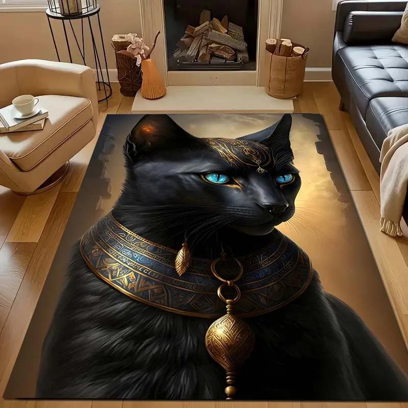 Ägyptische Mythologie Schwarze Katze Teppich für Wohnzimmer Heimdeko Rutschfeste Bodenmatte für Schlafzimmer Große Flächenteppiche Waschbare Teppiche