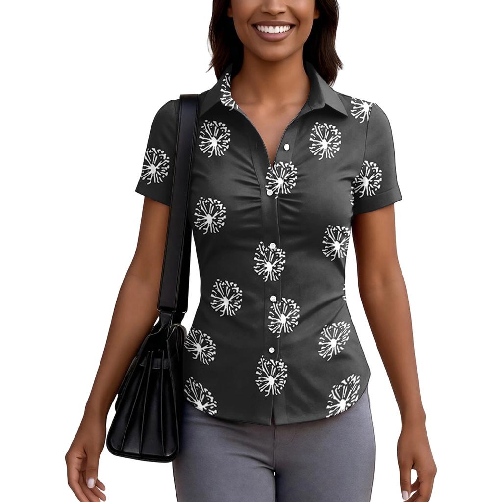Damen Slim Fit Kurzarm Hemd mit Knöpfen und Kragen Sommerlich Lässig Büro Bluse Taillierter Schnitt Leichter Stoff