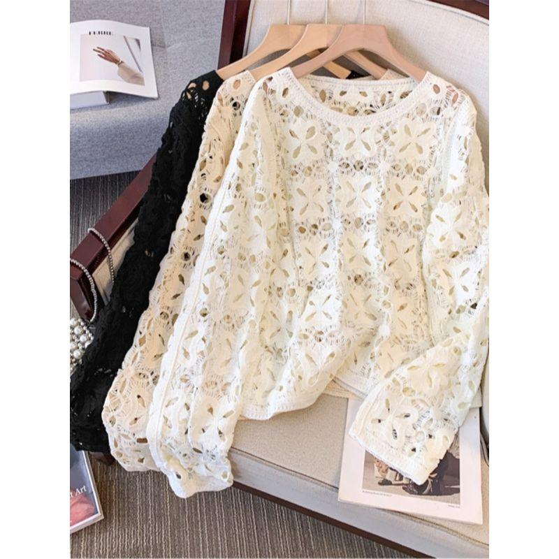 Plus Size Round Neck Hollow-out Hook Flower Gentle and Comfortable Long Sleeves Knitwear Blouse Air Conditioning Sun Protection Clothing for Women