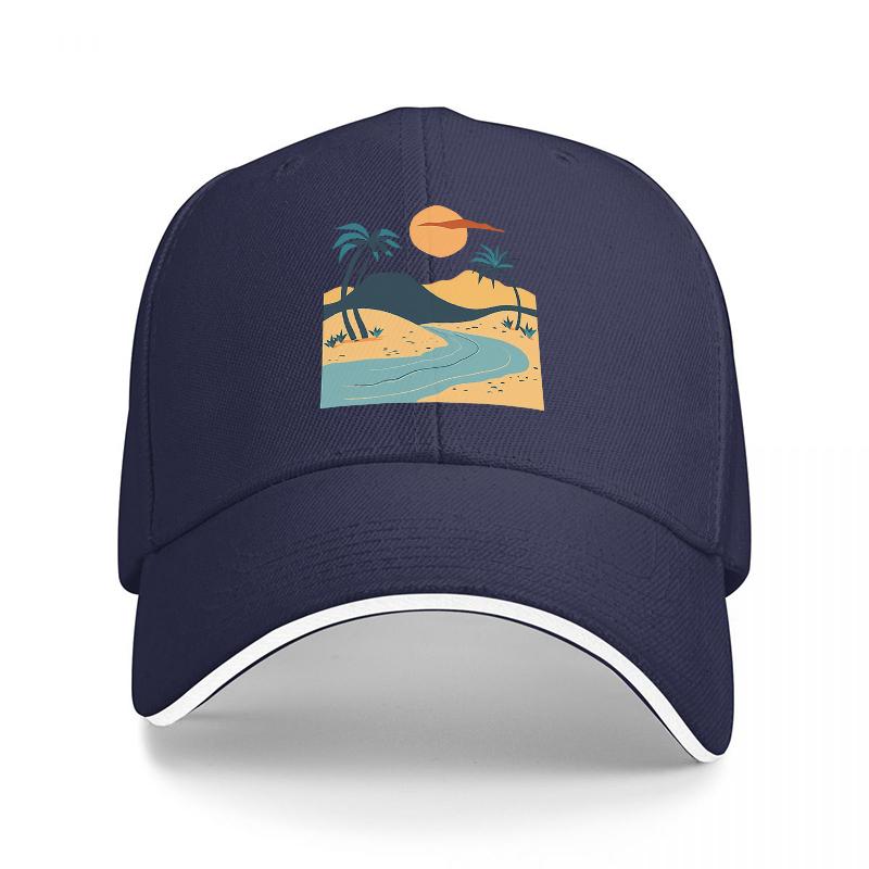 

Desert Oasis Landscape Baseball Cap with Palm Trees Sunset and River Design Black Adjustable Hat for Outdoor Adventures Adjustable