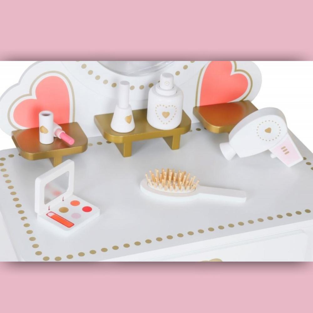 Wooden girl's dressing table, mirror, accessories, white, elegant, neutral