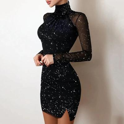 Elegant Short Evening Dresses For Women Sequined High Collar Slim Black Party Dress
