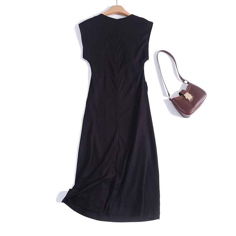 MD Women's Clothing Minimalist Fancy Waist-Tight Mid-Length Sleeveless Dress Linen Black Dress Female 06648589800