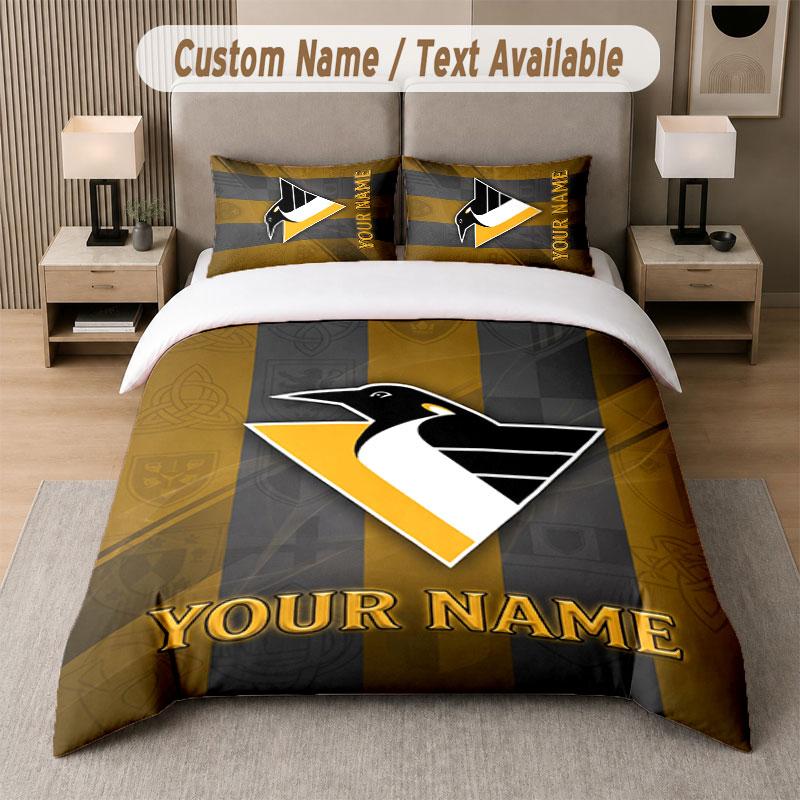 Custom Bedding Set Pittsburgh Penguins Pattern, Print Name Text 1 Duvet Cover Plus 2 Pillowcases Home Textile