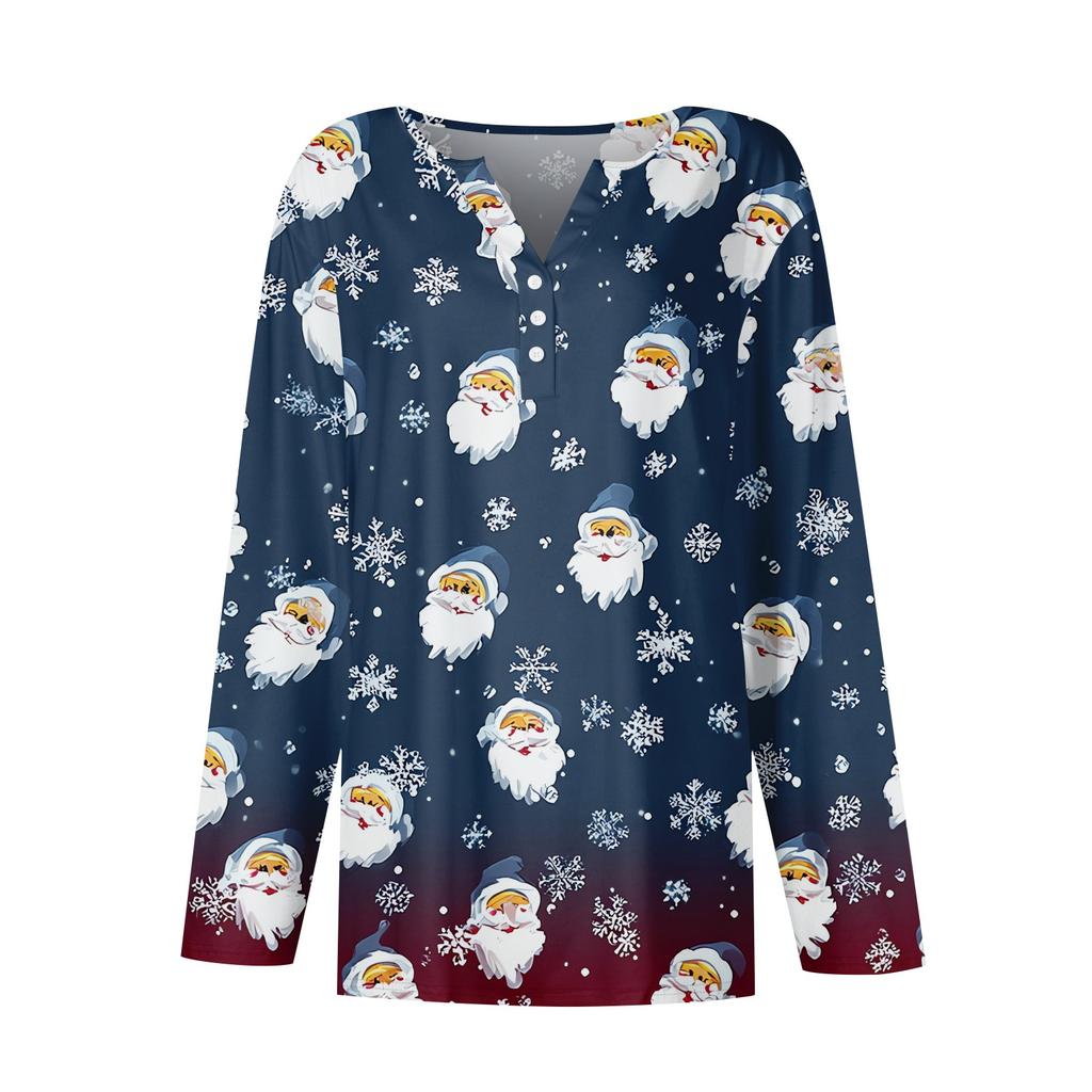Women's T Shirt Tee Christmas Printed Button Long Sleeve Tunic Daily Weekend Fashion Basic V- Neck Regular Top