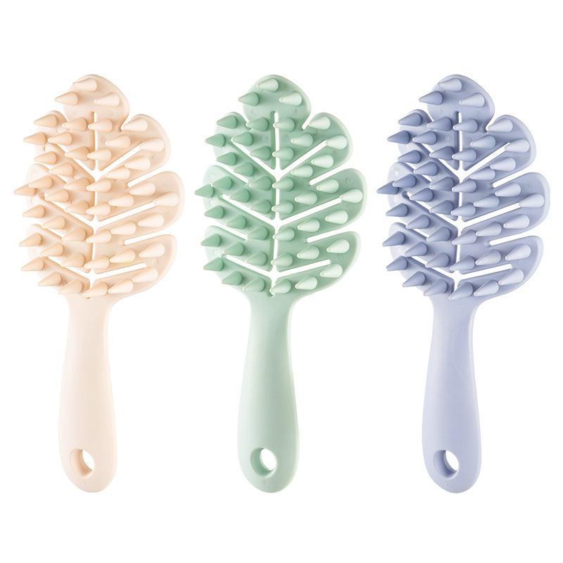 Leaf Long Handle Coarse Tooth Hair Washing Comb, Hollow Wet and Dry Silicone Hard Tooth Cleaning Comb Men's Head Massage Comb