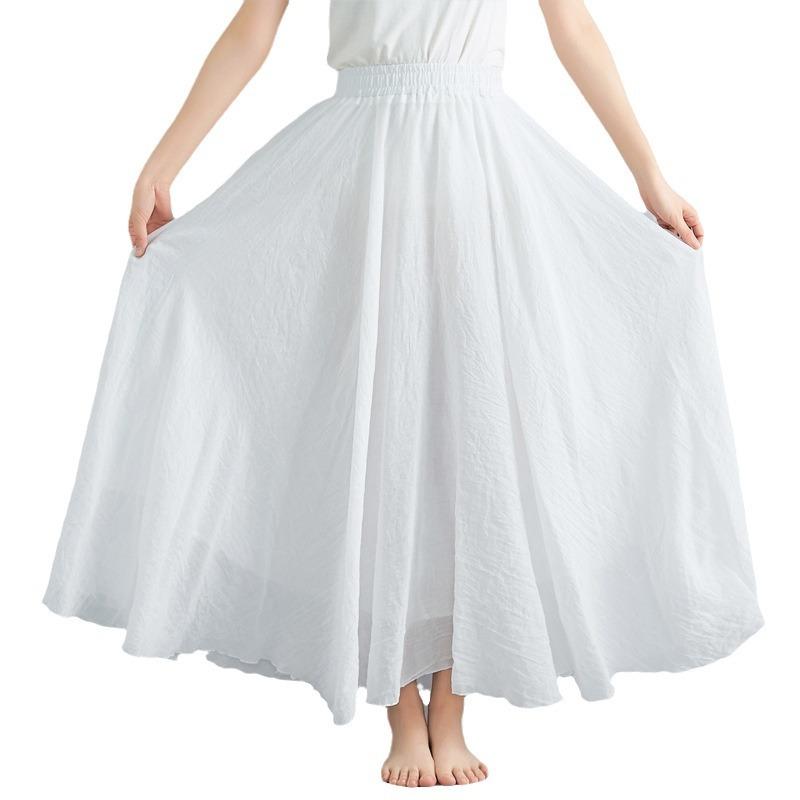 Women's Plus Size Literary Cotton Linen Half Skirt Elastic Waist Linen A Line Long Solid Color Ethnic Style Flared Skirt