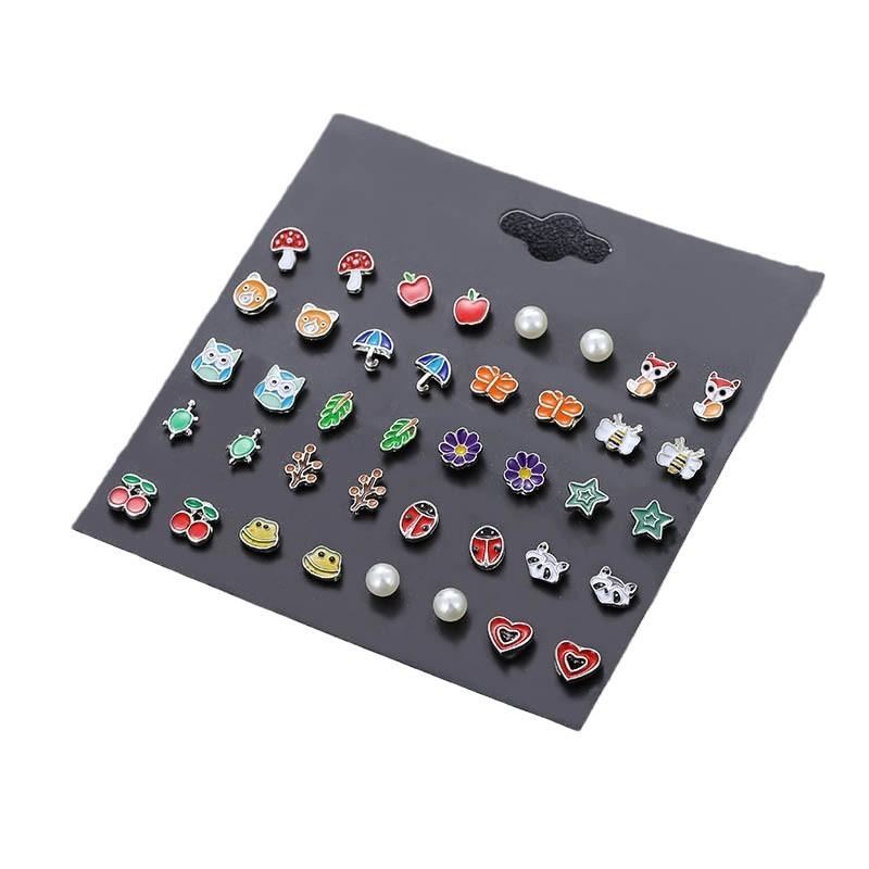 Korean version of versatile animal fruit combination set cute stud earrings female niche simple high-end rose flower earrings