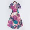 Women V Neck Short Sleeve Casual Dress Retro Floral Print Midi Dress Lightweight Summer Dress with Flared Hem