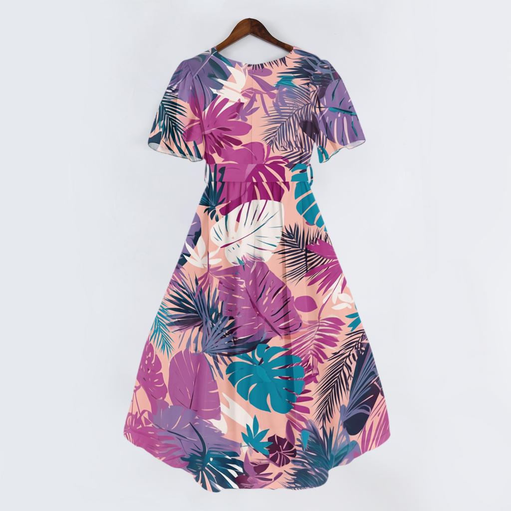 Women V Neck Short Sleeve Casual Dress Retro Floral Print Midi Dress Lightweight Summer Dress with Flared Hem