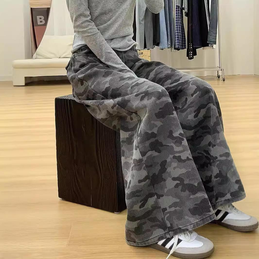 women s Camouflage High Waist Wide Leg Jeans Casual Loose Denim Trousers S