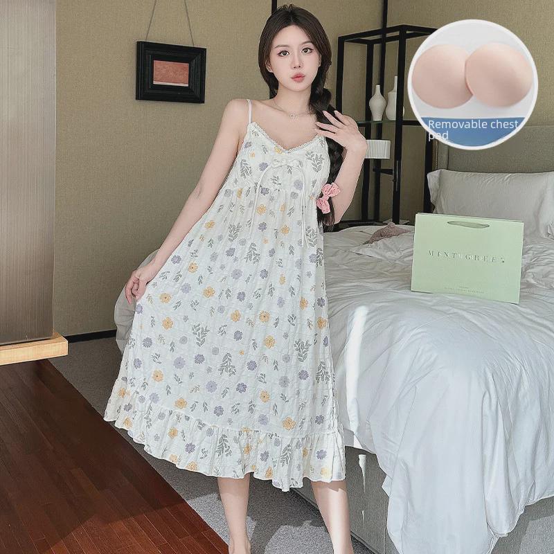 Sommerliches koreanisches Nachthemd aus gewebtem Krepp mit Brustpolstern – süß, dünn, reine Baumwolle für Damen