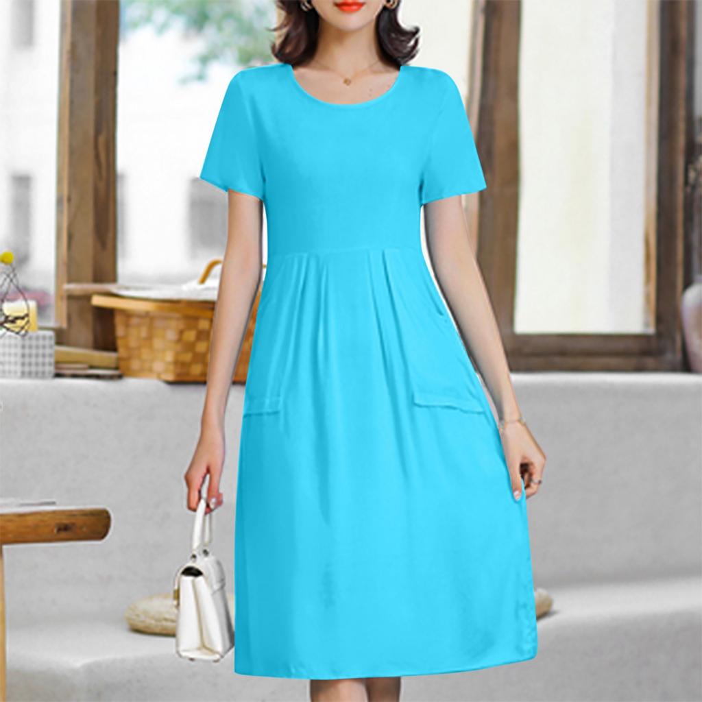 Women's Fashionable And Trendy Round Neck Loose Short Sleeved Solid Color Dress In Plus Size