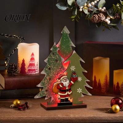 Christmas Party Supplies Wooden Tree Table Decor with LED Light, Rustic Standing Sign Mini Reindeer Santa Claus for Holiday Tiered Tray, Home