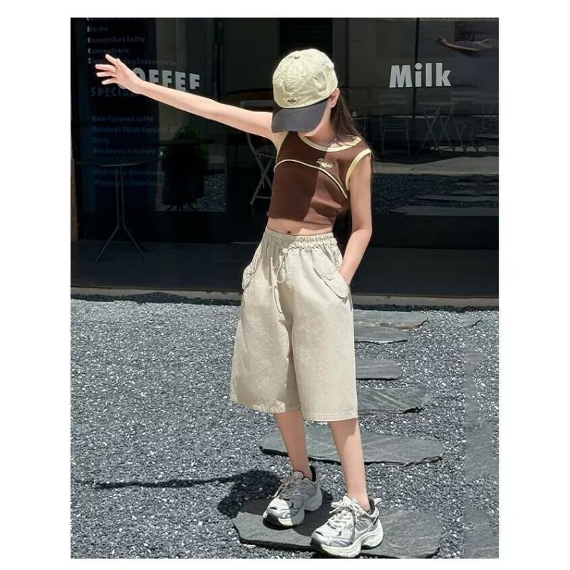 Casual Loose Elastic Waist Solid Thin Cropped Wide Leg Pants For Women